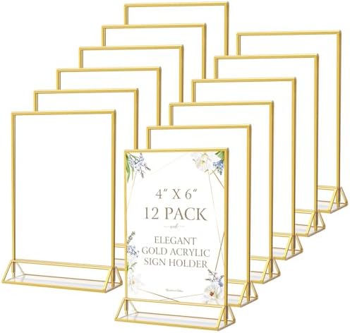 MaxGear 12 Pack Gold Acrylic Sign Holder 4x6, Double-Sided Tabletop Stand by MaxGear