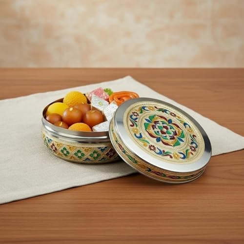LOVENSPIRE Meenakari Stainless Steel Storage Box with Lid (500gm) Decorative Round Indian Food Container for Sweets, Kitchen Items & Return Gift Favors Pack of 4 - Image 7