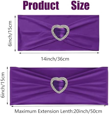 Purple Chair Sashes 50 Pack Spandex Purple Sashes for Chairs Covers Universal Stretch Chair Sashes Band with Heart Buckle Slider Sashes Bows for Wedding Banquet Party Decorations - Image 2