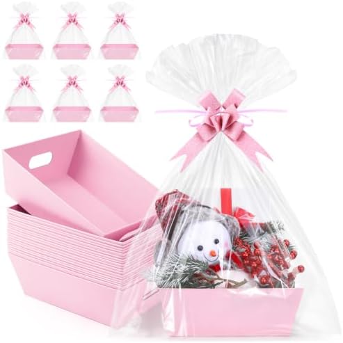 AFOROEOA 20PACK Pink Baskets For Gifts Empty, 10 x 8” Thick Paper Basket with 20 Clear Bags and 20 Pink Bows, Empty Gift Baskets for Baby Shower Valentine Bridal Birthday Party Bulk Wrapping by AFOROEOA