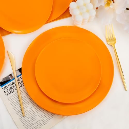 PULOTE 100PCS Orange Plastic Plates - Premium Hard Orange Disposable Include 50 Each(10.25 Inch Dinner & 7.5 Inch Dessert) Plates, Ideal for Party - Image 4
