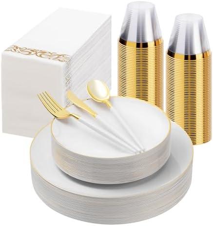 Bestluck 175 Pcs White Gold Plastic Plates,Disposable Dinnerware Set by Bestluck