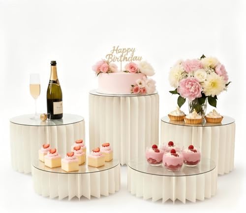 ZOOYOO Buffet Risers for Food Display, 5 Pack Cylinder Stands for Party - Foldable Dessert Table Display Set with Premium Acrylic Tops - Pedestal Cake Stands for Wedding, Candy Table, Quinceanera, Art Exhibitions, Catering by ZOOYOO