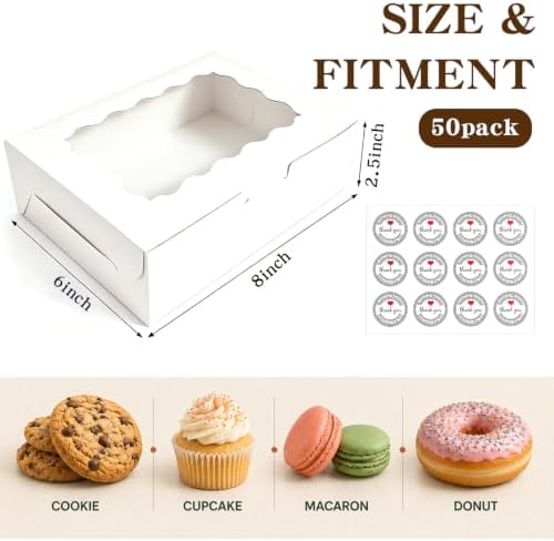 White Bakery Boxes 8x6x2.5 Inch, 50 Pack Dessert Treat Boxes with Stickers - Image 2