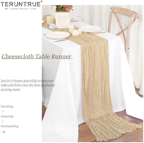 Teruntrue 20 Pack Beige Cheesecloth Table Runner 17x108 Inch, Boho Gauze Sheer Fabric Cheese Cloth Table Runners for Wedding Party Bridal Shower Baby Shower Birthday Home Decor Garden Farmhouse - Image 5