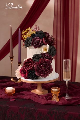 Serwalin Burgundy Black Artificial Flowers, Silk Rose Flowers for Wedding - Image 2