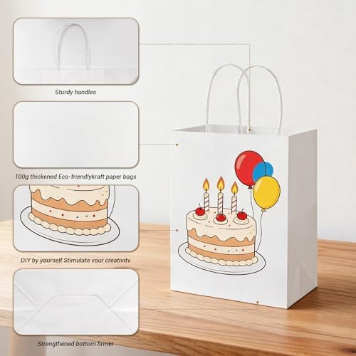 bagmad 100Pcs Pack 8x4.75x10 inch Medium White Kraft Paper Bags with Handles Bulk, Gift Bags, Craft Grocery Shopping Retail Birthday Party Favors Wedding Sacks Restaurant Takeout, Business (100) - Image 3