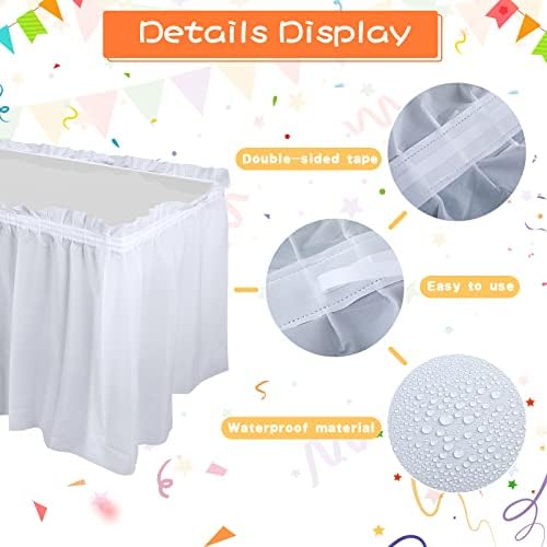 Tegeme 16 Pieces White Plastic Table Skirts for Rectangle Tables, 14 ft x 29 in Disposable Ruffle Table Skirting with Adhesive Strip, Bulk Party Supplies for Wedding, Birthday, Baby Shower & Banquet - Image 3