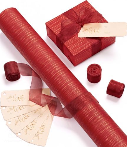 Vitalizart Red Textured Wrapping Paper Set 30" Organza Ribbon & Gift Tags by Vitalizart