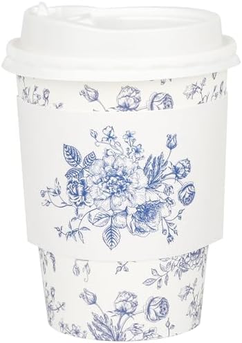 50Pcs Blue Floral Disposable Paper Coffee Cups with Lids and Sleeves by FromTablestoTales