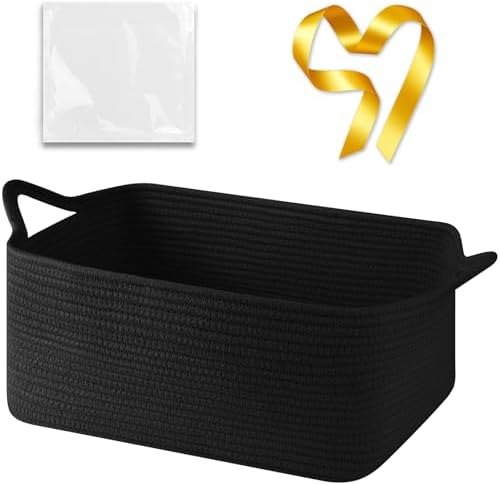 OIASKET Large Empty Cotton Rope Gift Basket with Handles, 16.5"x12.6"x7" Decorative Woven Storage Basket with Gift Bag and Ribbon Set for Baby Shower, Toy Organizer for Kids, Dogs & Cats - Black by OIASKET