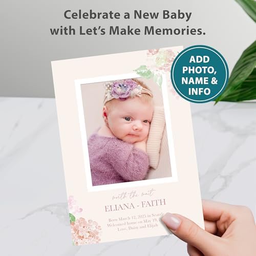 Let's Make Memories Personalized Baby Announcement Cards - Birth, Adoption - Boy, Girl - Premium Quality Custom Photo Cards for Mailing - 5x7 - Includes White Envelopes - Watercolor Blooms - 100 ct - Image 2