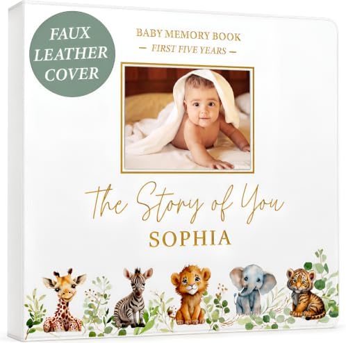 Personalized Faux Leather Baby Memory Book Keepsake for Boy or Girl - Enter any Name w/Gold Foil Stamp for Special Touch I First 5 Year I Gender Neutral, Safari Theme - Baby First Year Book inc Pen by CVCHARVORIA