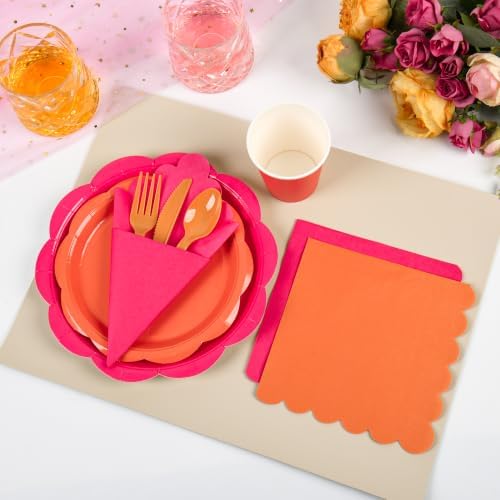 350 Pcs Pink and Orange Party Plates and Napkins - Hot Pink Orange Party Decoration Tableware set Include Sunset Tropical Scalloped Plate Napkin Cup & Cutlery for Baby Shower, Wedding, Birthday - Image 7