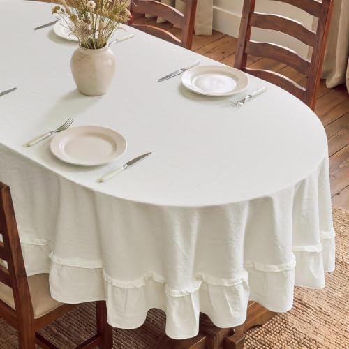 Romanstile Ruffled Oval Tablecloth, White, 60 x 84 Inch by Romanstile
