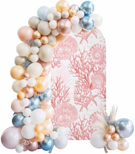 Nautical Coastal Arch Backdrop Cover 6.6 FT, Beach Ocean Pink Coral Seashell Starfish Wedding Arch Cover Stretchy Backdrop Stands Covers for Birthday Party Ceremony Banquet Decor - Image 2