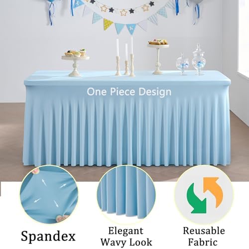 2Pack Baby Blue Spandex Table Clothes for 6 Foot Rectangle Tables, Fitted Table Cover 6ft Stretch Tablecloths Desk Skirt for Parties Weddings Birthday Banquet Baby Shower - Image 3