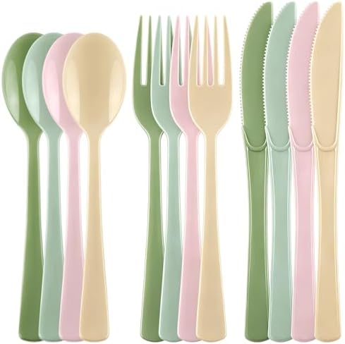 Kochorie 300 Pieces Sage Green and Pink Plastic Silverware, Disposable Plastic Utensils, Heavy Duty Cutlery Set Heavyweight Flatware Includes Spoons Forks Knives for Birthday Wedding Party Supplies by Kochorie