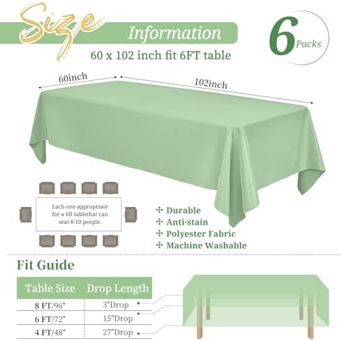 Showgeous 60x102 Inch Sage Green Rectangle Tablecloth 6 Pack Fit 6FT Table - Image 2