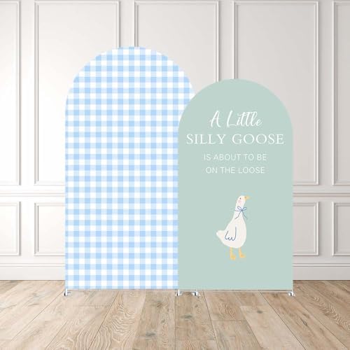 Set of 2 Arch Backdrop Covers One Silly Goose Baby Shower 2PCS Spandex Arch Stand Cover Plaids Girl Birthday Easter Party Banquets Decorations (6FT & 5FT,Blue) - Image 2