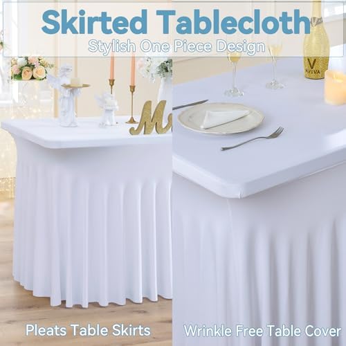 NSSONBEN 6 Pack White Spandex Tablecloth for 6 Foot Rectangle Tables,Wrinkle Free High Stretch Fitted Table Cloths 6ft, Elastic Spandex Table Covers 6ft with Pleats Skirt for Party Wedding Banquet - Image 3
