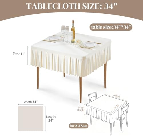 Wish Care 2 Pack Ivory Spandex Tablecloths for 34x34 Inch Square Tables, Stretch Fitted Table Clothes with Pleated Ruffle Skirt for 34” Table, Wrinkle Free and Elastic, for Party Kitchen Home Dining - Image 2