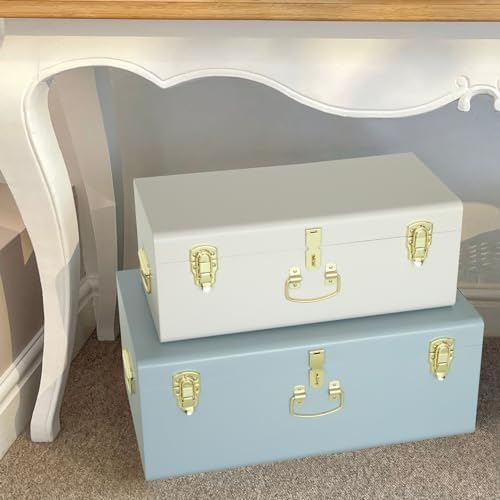 Vixdonos Decorative Large Metal Box Storage Trunk Chest Set of 2 College Dorm Organizer with Hardware Hasps and Handle for Home Deocr,23.7X14.2X9.5 Inches(White and Blue) - Image 4