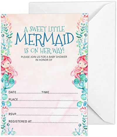 Pack of 30, Girl Baby Shower Party Collection, Baby Shower Invitation Cards, Fill in the Blank Invites WIth Envelopes, Mermaid Theme Party Supplies by Inkdotpot