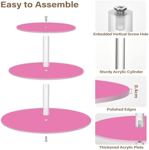 J JOYSAY Hot Pink Pattern Acrylic Cupcake Stand 3 Tier Dessert Table Display Set Clear Cake Stands for Baby Shower Party Wedding Decorations Easy Assembly Donut Tower - Image 2