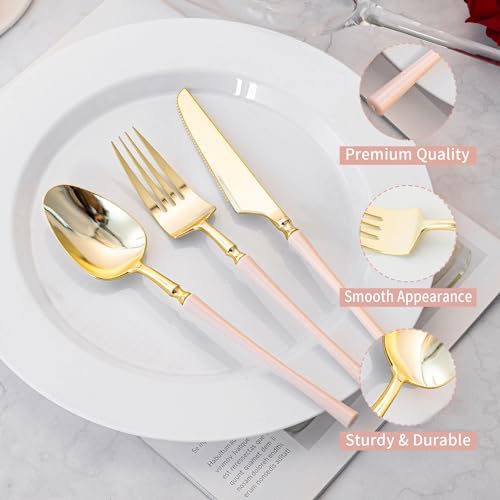 Lullaby 150PCS Heavy Duty Gold Plastic Silverware with Pink Handle - Image 4