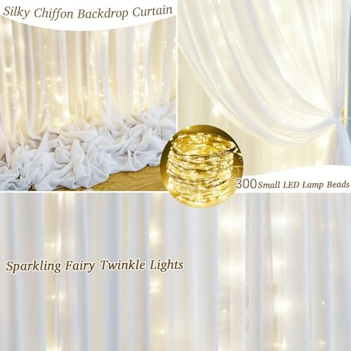 20ft x 10ft White Chiffon Backdrop Curtain with Lights String for Parties,4 Panels Sheer Tulle Curtain Wedding Backdrop for Baby Shower Birthday Party Ceremony Reception Home Decorations - Image 2