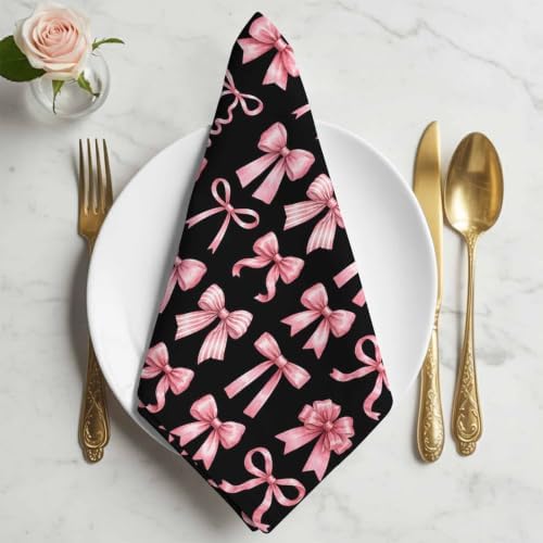 Pink Bows Cloth Napkins Set of 6, Modern Abstract Sweet Ribbon Bowknot on Black Washable Reusable Dinner Cocktail Napkin for Kitchen Party Wedding Banquet Holiday Baby Shower Table Decor - Image 2