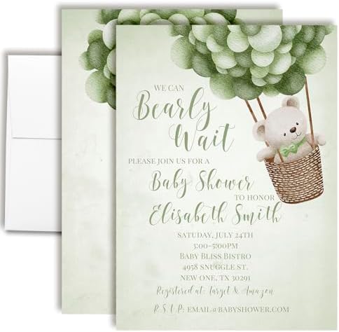 Amanda Creation Teddy Bear Baby Shower Invitations, 20 Personalized 5x7 Green Teddy Bear Baby Shower Invitations with Envelopes, Sage Design by AmandaCreation
