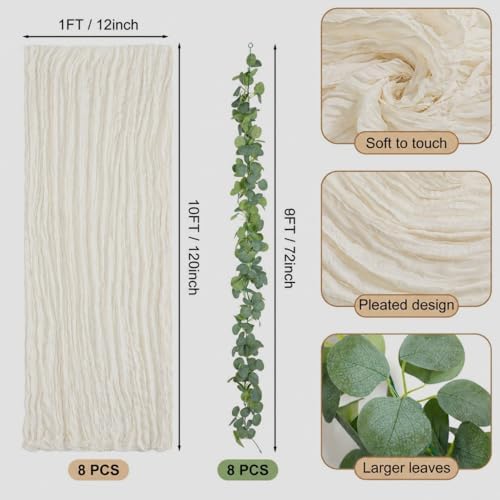 Leinuosen 8 Set 10 Ft Ivory Cheesecloth Table Runner Wedding Decor with 6 Ft Eucalyptus Garland, Boho Gauze Table Centerpiece Runner for Wedding Baby Shower Birthday Party Decoration - Image 2