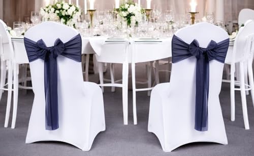 MDS Pack of 125 Chiffon Chair Sashes for Wedding & Event Décor - Navy Blue - Image 2