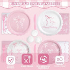 194 Pcs Pink Bow Birthday Decorations (Serves 24), Plates Napkins Cups Knifes Forks Hanging Swirls Cake & Cupcake Toppers, Banner Tablecloth Balloons Centerpieces for Girls Bachelorette Party Decor - Image 4