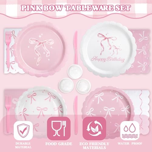 194 Pcs Pink Bow Birthday Decorations (Serves 24), Plates Napkins Cups Knifes Forks Hanging Swirls Cake & Cupcake Toppers, Banner Tablecloth Balloons Centerpieces for Girls Bachelorette Party Decor - Image 4