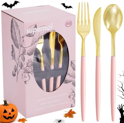Supernal 102Pcs Gold Disposable Utensils with Pink Handle for Wedding Party by supernal