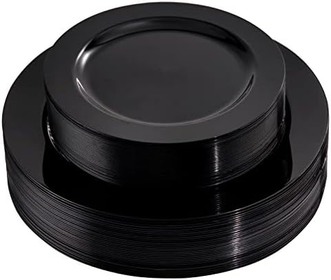 FLOWERCAT 60PCS Black Plastic Plates - Heavy Duty Black Disposable Plates for 30 guests Birthday Party/Wedding/Halloween- Include 30PCS 10.25inch Dinner Plates and 30PCS 7.5inch Dessert Plates by FLOWERCAT