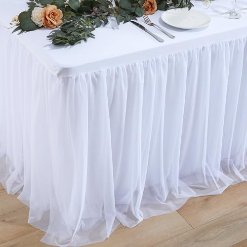 4 Pack White Tablecloth for 6 Foot Rectangle Tables with Tulle Table Skirt - Image 5