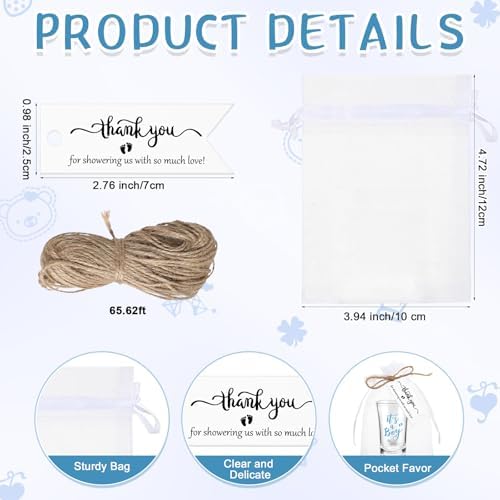 Pickmesh 100 Sets Baby Shower Party Favors for Guests 1.2 oz Acrylic Clear Shot Glasses Thank You Tag Card Organza Bag Twine for Baby Shower Gender Reveal Appreciation Theme Return Gift(Boy) - Image 3
