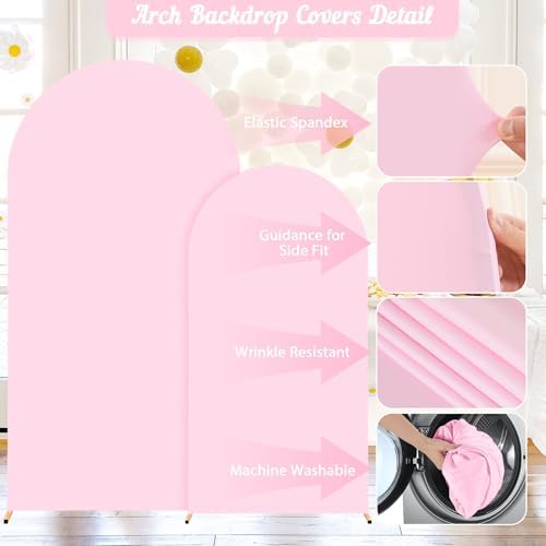 Pink Arch Backdrop Cover 2 Set - 6.6FT, 5FT Spandex Fitted Wedding Arch Stand Covers Round Top Chiara Arch Backdrop Stands Cover for Birthday Parties Banquet Photo Background Decoration - Image 3