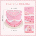6 Inch Pink Bow Fake Cake, Heart Shaped Coquette Artificial Cake with Pearl Border, Reusable Faux Birthday Cake Prop for Wedding, Women's Birthday, Bridal Shower, Baby Shower, Anniversary Party Decor - Image 2