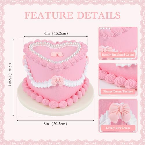 6 Inch Pink Bow Fake Cake, Heart Shaped Coquette Artificial Cake with Pearl Border, Reusable Faux Birthday Cake Prop for Wedding, Women's Birthday, Bridal Shower, Baby Shower, Anniversary Party Decor - Image 2