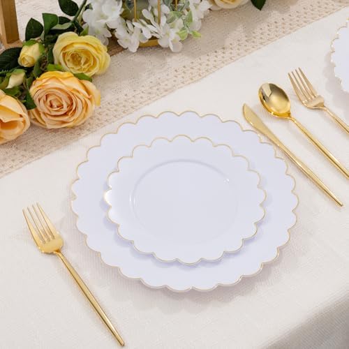 LIYH 120 Pcs White Scalloped Plastic Plates, Gold Disposable Party Plates - Image 6