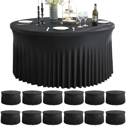 12 Pack Black Round Spandex Tablecloth for 60 inch Table, Wrinkle Free Stretchy 120inch Fitted 5FT Round Table Cloths Cover with Skirt for Wedding Birthday Party Dining Banquet Events by Htper