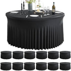 12 Pack Black Spandex Round Tablecloths for 72inch Table, Wrinkle Free Stretchy 132inch Fitted 6FT Round Table Cloths Cover with Skirt for Wedding Party Dining Banquet Events by Htper