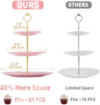 DUJUST Luxury Larger 3-Tier Cupcake Stand Tower, British Style Porcelain Serving Tray with Golden Trim, Food Grade Dessert Display Stand for Tea Party & Home Décor - 45% Pink Larger Plates - Image 3