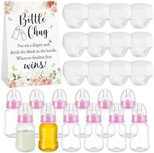 12 Set Bottle Chug Baby Shower Games Favors Funny Diaper Change Game Including Plastic Baby Bottles Chug Disposable Diapers Themed Sign for Gender Reveal Party Supplies(Pink,Flower) by Unknown