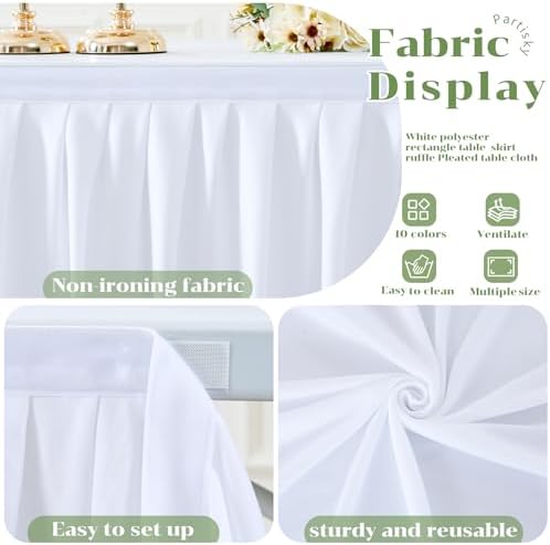 PARTISKY White Polyester Table Skirt for Rectangle Tables 14f, Wrinkle Resistant Pleated Ruffle Table Cloth for Birthday Party Banquet Wedding Baby Shower - Image 6